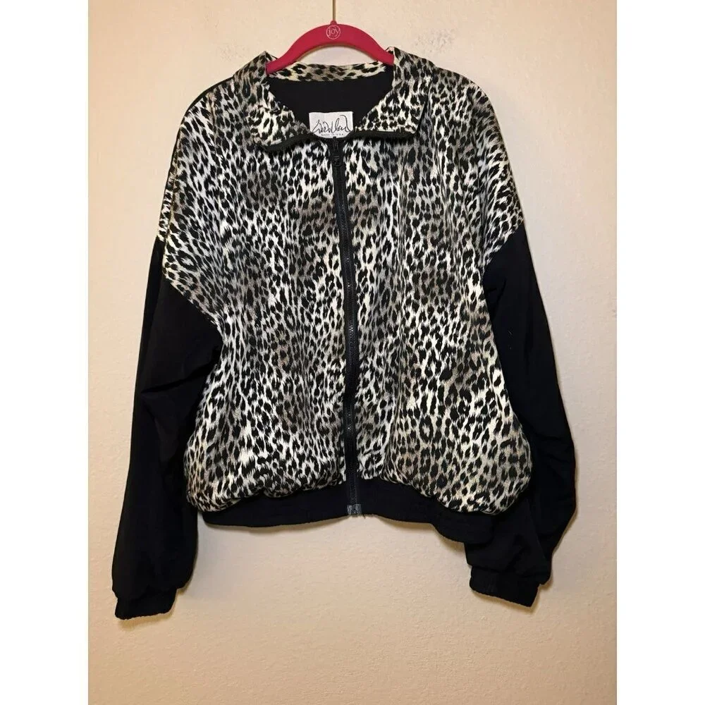Vintage Animal Print Jacket Bomber Zip Up Pockets Size XL Black Tan - Picture 2 of 7